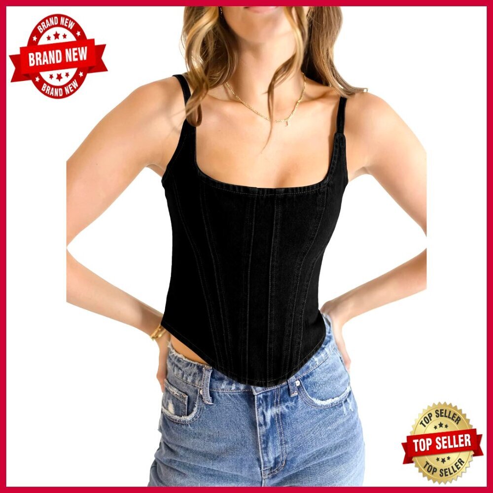 Denim Corset Tank Top Sleeveless Slim Fit Crop Top Zipper Back Medium